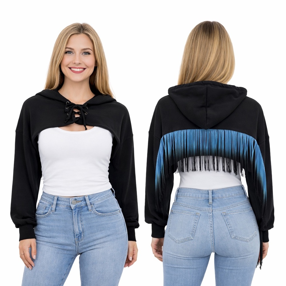 525 America Cropped Hoodie Black Fringe Lace-Up Festival‎ Y2K Western Vibe